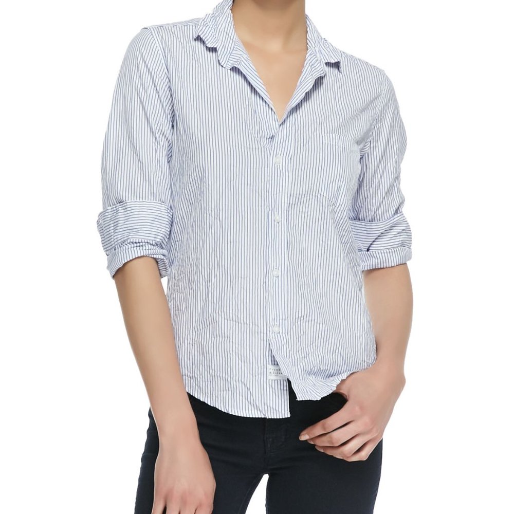 Frank & Eileen Button Front Barry Shirt Size Large White Blue Striped Cotton USA